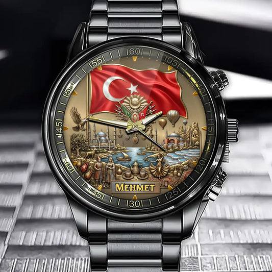 Personalized Turkey Heritage Watch – Custom Name With Turkish Flag and Emblem
