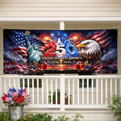 Personalized Polyester Outdoor Banner - Custom America 250th Anniversary Gifts For Mom, Dad, Brother, Sister, Kids - Strong As One