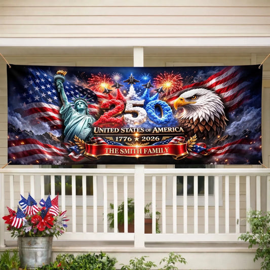 Personalized Polyester Outdoor Banner - Custom America 250th Anniversary Gifts For Mom, Dad, Brother, Sister, Kids - Strong As One
