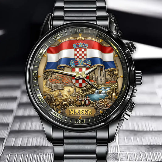 Personalized Croatia Heritage Watch – Custom Name With Flag and National Emblem