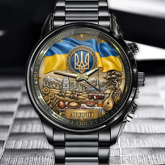 Personalized Ukraine Heritage Watch – Custom Name With Flag and National Emblem