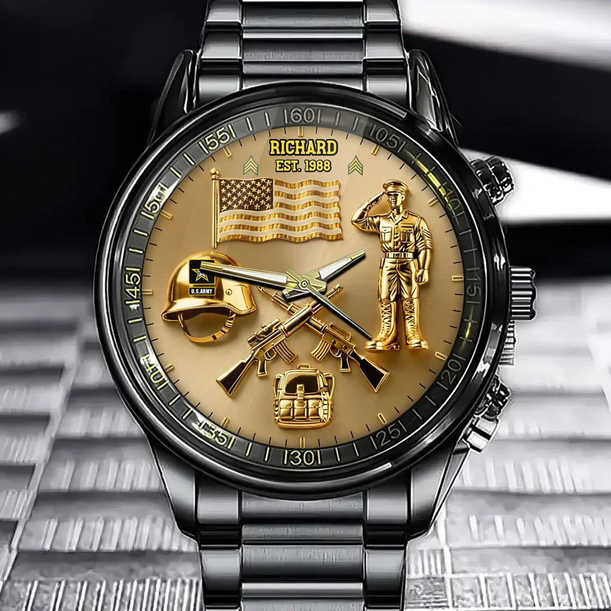 Personalized Veteran Tribute Watch - Custom Name, Flag & Helmet Theme