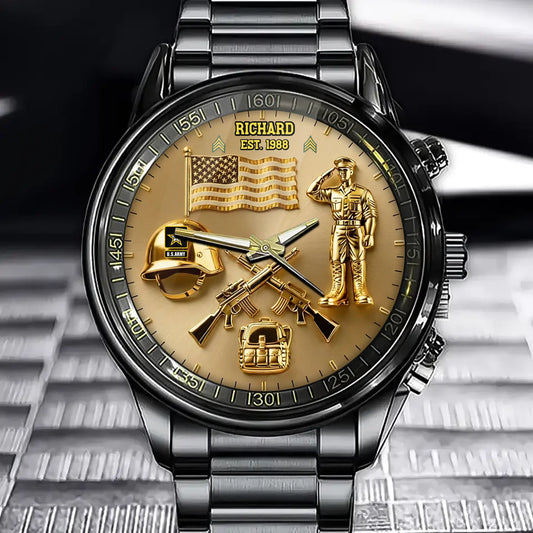 Personalized Veteran Tribute Watch - Custom Name, Flag & Helmet Theme