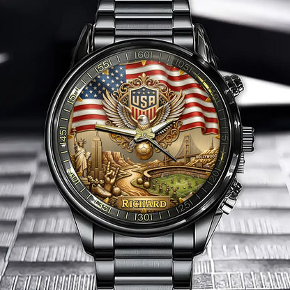 Personalized USA Soccer 2026 Custom Name Watch — American Eagle Patriotic Commemorative Timepiece