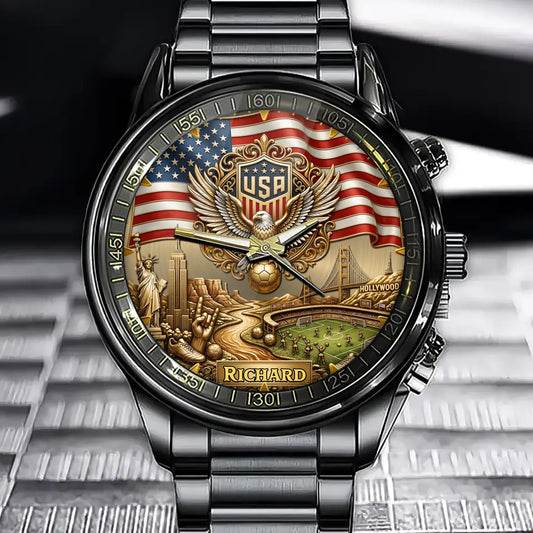 Personalized USA Soccer 2026 Custom Name Watch — American Eagle Patriotic Commemorative Timepiece
