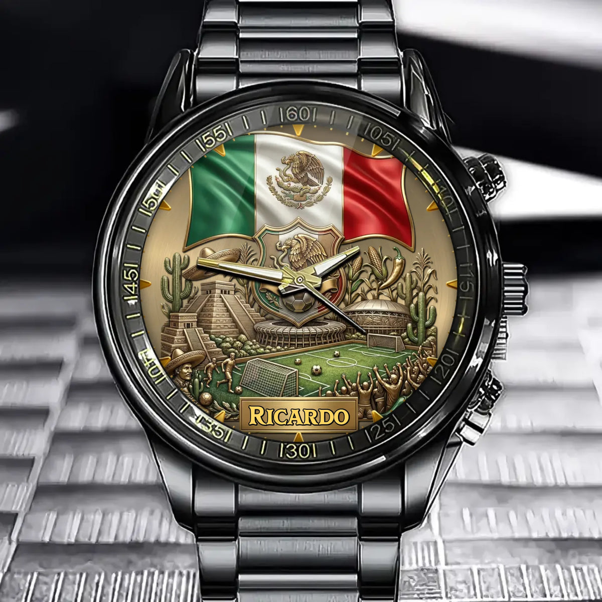 Personalized Mexico Soccer 2026 Custom Name Watch — Mexican Flag Eagle Patriotic Commemorative Timepiece