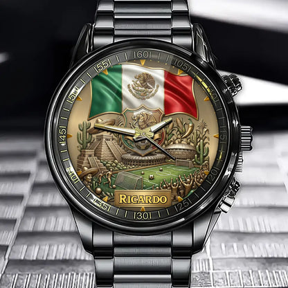 Personalized Mexico Soccer 2026 Custom Name Watch — Mexican Flag Eagle Patriotic Commemorative Timepiece