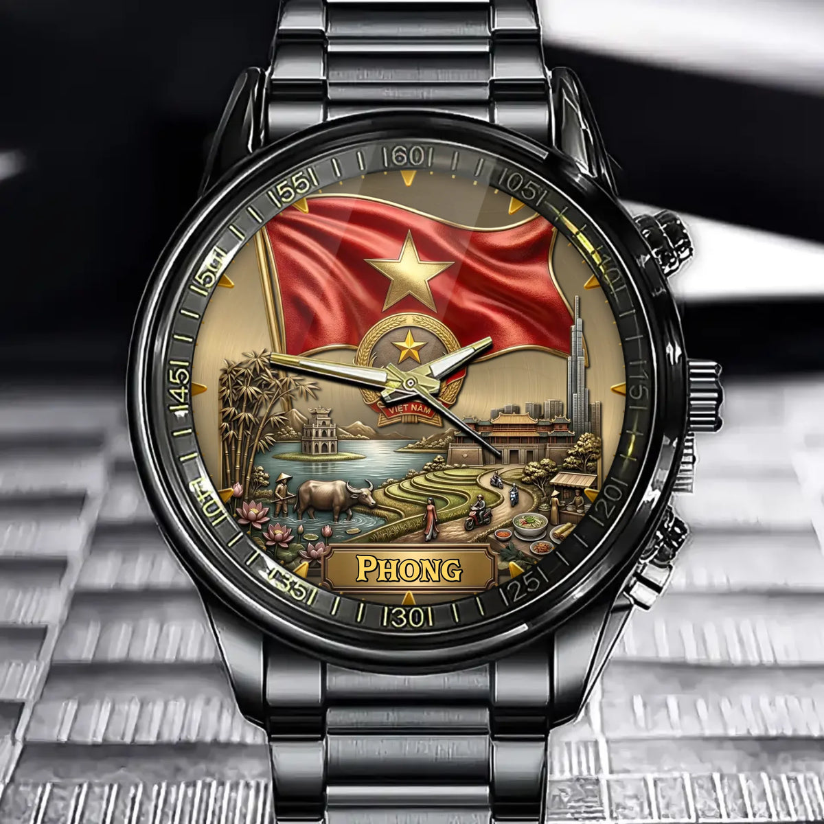 Personalized Vietnam Heritage Watch – Custom Name With Flag and National Emblem