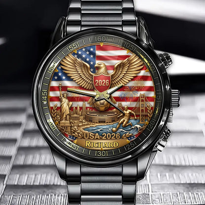 Personalized USA Soccer 2026 Custom Name Watch — Gold Eagle American Flag Patriotic Commemorative Timepiece