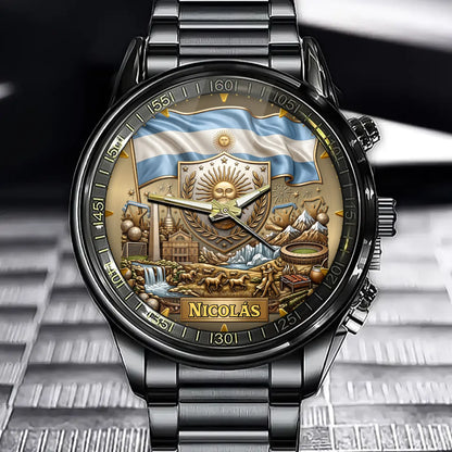 Personalized Argentina Soccer Fan Watch – Custom Name With National Flag & Sports Emblem