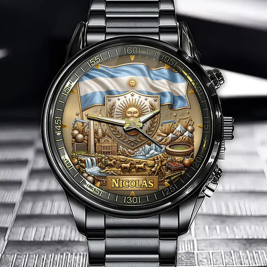 Personalized Argentina Soccer Fan Watch – Custom Name With National Flag & Sports Emblem