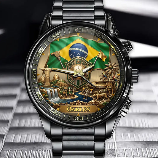 Personalized Brazil Soccer Fan Watch – Custom Name With Flag & Football Emblem