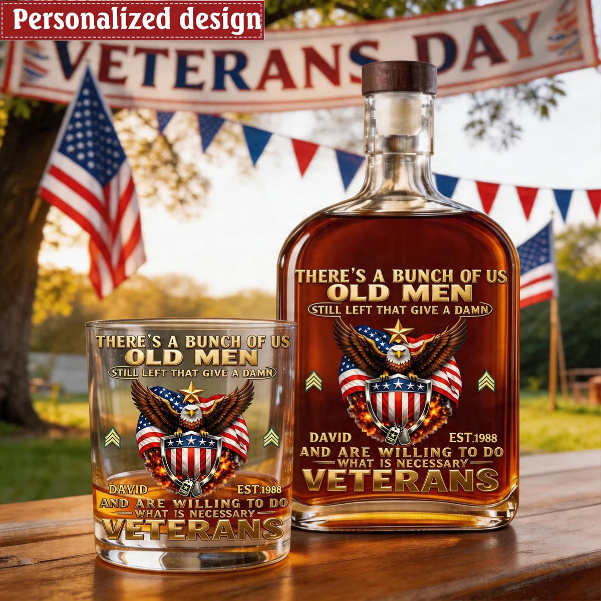 Old Men Who Still Give a Damn – Personalized Veteran Whiskey Glass with Name & Rank and Year
