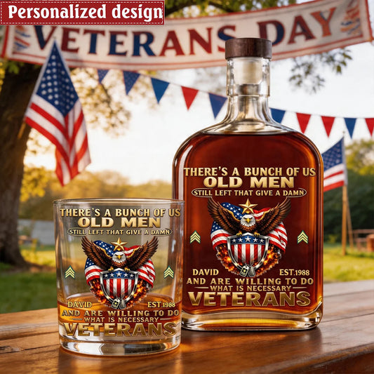 Old Men Who Still Give a Damn – Personalized Veteran Whiskey Glass with Name & Rank and Year