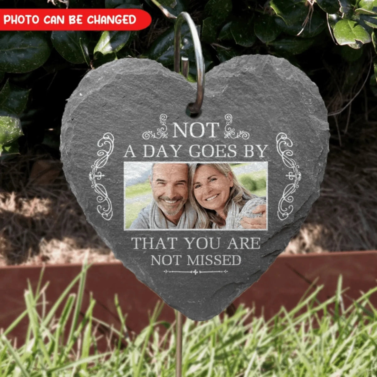 Heart-shaped slate plaque with a photo of a