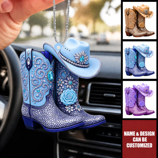 Custom Acrylic Car Hanging Ornament - Personalized Cowgirl Boots Name Charm Gift For Her, Western Style Car Accessories