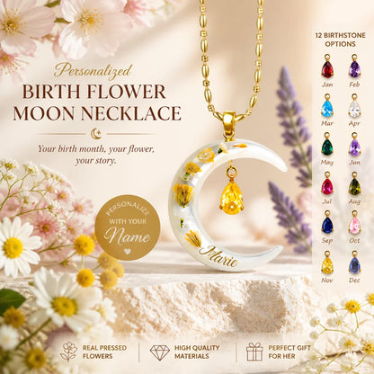 Custom Crescent Moon Charm Necklace - Personalized Birth Month Flower Gift For Her