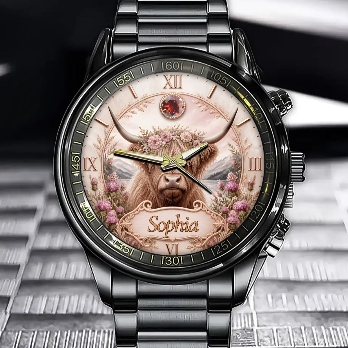 Personalized Highland Cow Watch - Custom Name & Birthstone Western Gift for Women