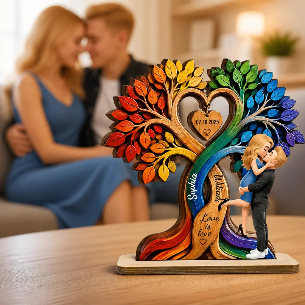 Custom Kissing Couple Heart Tree Wooden Plaque - Personalized Names And Date Anniversary Gift