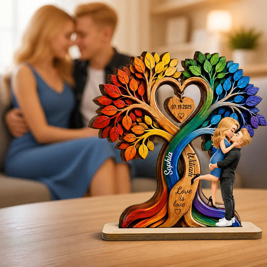 Custom Kissing Couple Heart Tree Wooden Plaque - Personalized Names And Date Anniversary Gift