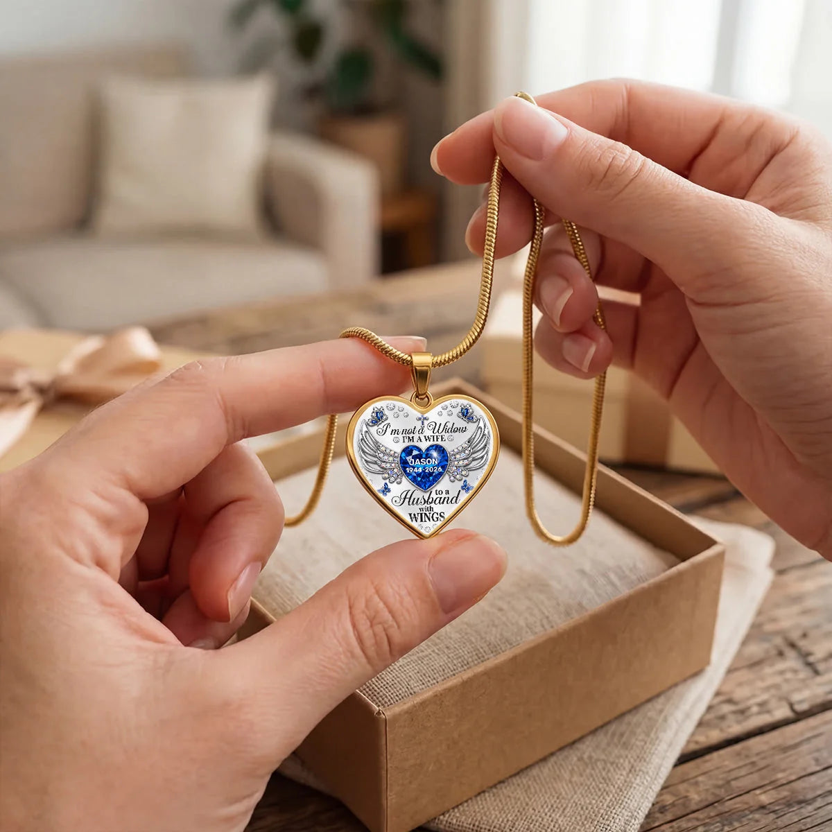 Custom Memorial Heart Necklace - Personalized Sympathy Gifts For Widows - A Wife To A Husband With Wings