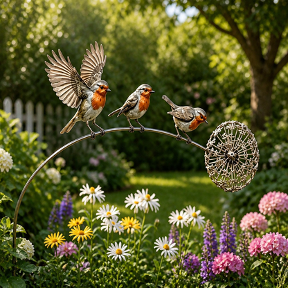 Robin Garden Stake - 3 Robin Birds & Dandelion Outdoor Yard Art Decor