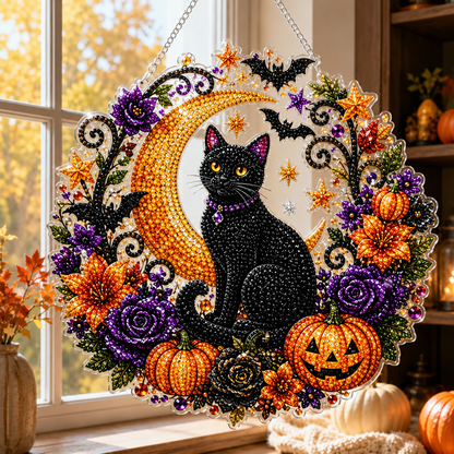 Black Cat Moon Diamond Art Hanging Ornament Kit – Relaxing DIY Halloween Craft🎃💎