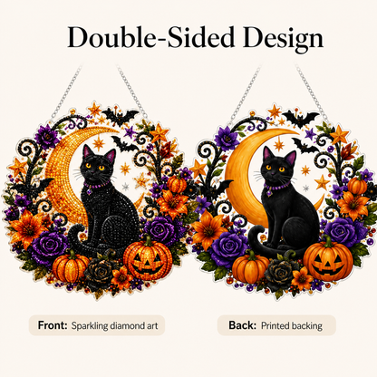 Black Cat Moon Diamond Art Hanging Ornament Kit – Relaxing DIY Halloween Craft🎃💎
