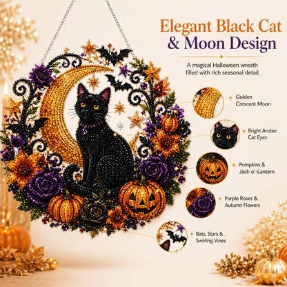 Black Cat Moon Diamond Art Hanging Ornament Kit – Relaxing DIY Halloween Craft🎃💎