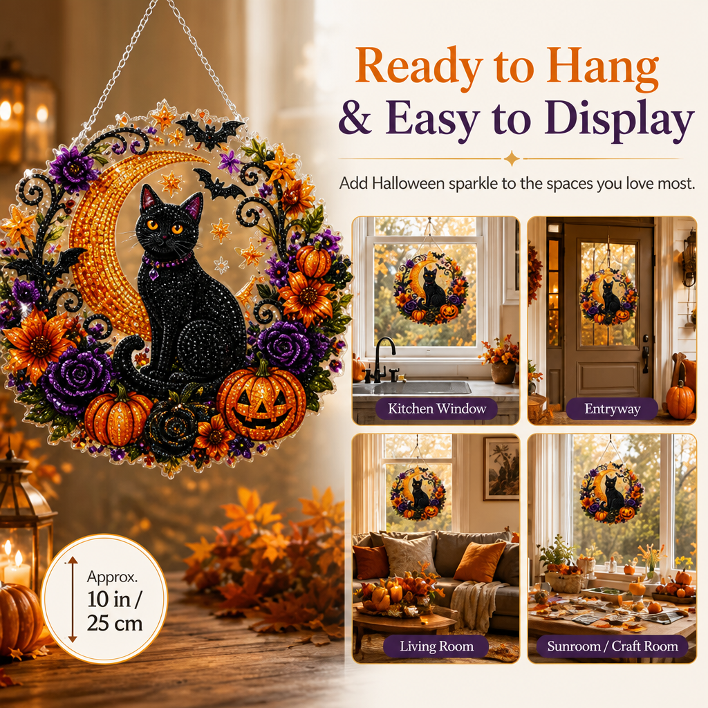 Black Cat Moon Diamond Art Hanging Ornament Kit – Relaxing DIY Halloween Craft🎃💎