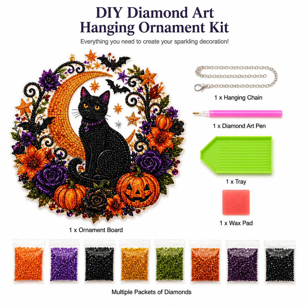 Black Cat Moon Diamond Art Hanging Ornament Kit – Relaxing DIY Halloween Craft🎃💎