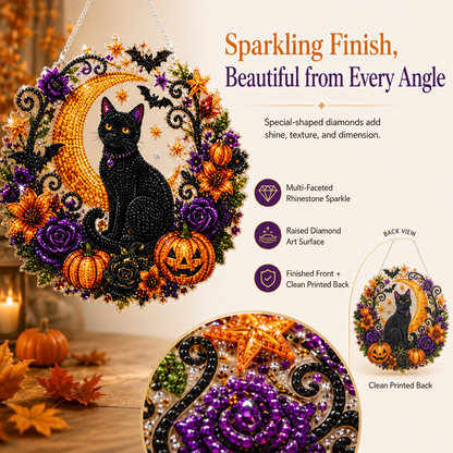 Black Cat Moon Diamond Art Hanging Ornament Kit – Relaxing DIY Halloween Craft🎃💎