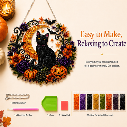 Black Cat Moon Diamond Art Hanging Ornament Kit – Relaxing DIY Halloween Craft🎃💎