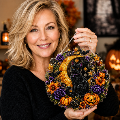Black Cat Moon Diamond Art Hanging Ornament Kit – Relaxing DIY Halloween Craft🎃💎